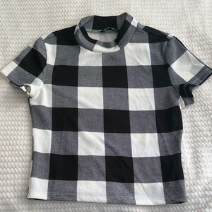 Black and White Plaid Turtleneck Crop Top